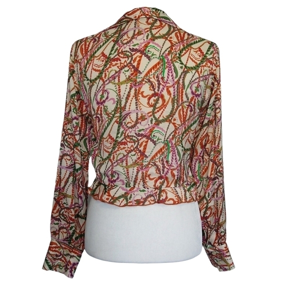 Zara Multicolor Abstract Paisley Button-Up Tie Front Cropped Blouse Colorful - Picture 2 of 11